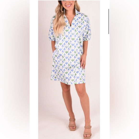 Emily McCarthy Short Sleeve Poppy Dress XXS Maiden Trellis Blue Green Pockets - Picture 3 of 6